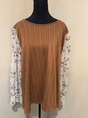 SHEIN Brown Textured Knit Top with Sheer Floral White Sleeves